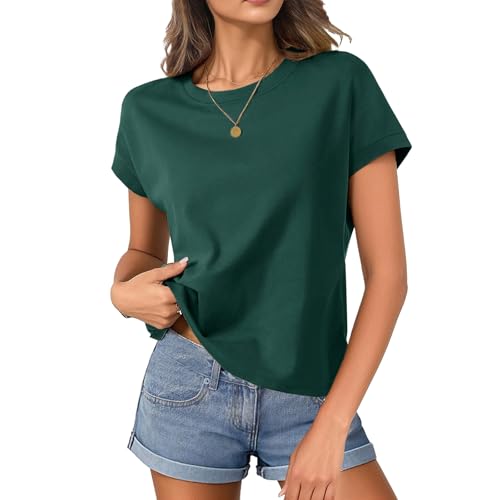 HOTIAN T-Shirt Damen Crop Tops Kurzarm T-Shirts Casual Basic Shirt Sommer Flügelärmeln Rundhals Top Damen Locker Green XL von HOTIAN