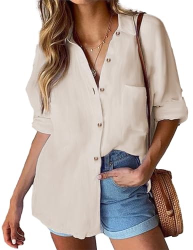 HOTOUCH Bluse Damen Beige Baumwolle Langarm Hemd Freizeit mit Button Down Kragen und Knopfleiste Beige XL von HOTOUCH