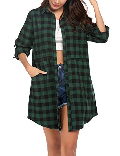 Hotouch Damen Karierte Bluse Langarm Casual Karohemd V-Ausschnitt Knopfleiste Kariertes Hemd Plaid Hemdbluse Long Tunika Oberteile Trachtenbluse Grün L von Hotouch
