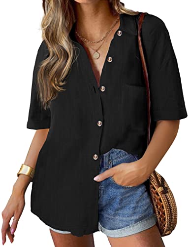 HOTOUCH Hemd Damen Kurzarm Bluse Button Down Shirt Lässiges Blusen V-Ausschnitt Oberteile mit Tasche Basic Office Tops Lose Blusen für Damen Schwarz S von HOTOUCH