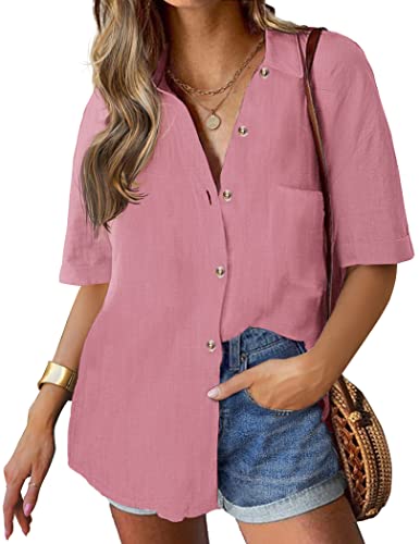 HOTOUCH Damen Bluse Kurzarm V-Ausschnitt Hemd Einfarbig Hemdbluse mit Knöpfen Elegant Business Tops Basic Oberteile Lose Button Down Bluse Roserot M von HOTOUCH