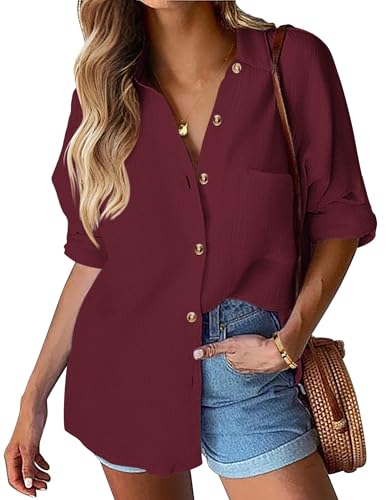 HOTOUCH Bluse Damen Langarm V-Ausschnitt Hemd Einfarbig Hemdbluse mit Tasche Elegant Business Tops Basic Oberteile Lose Button Down Bluse Rotwein L von HOTOUCH