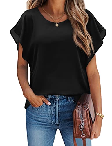 HOTOUCH Blusen Damen Chiffon Fledermaus Batwing Tunika T-Shirt Top Kurzarm Bluse Shirt Sommer Casual Shirt Schwarz S von HOTOUCH