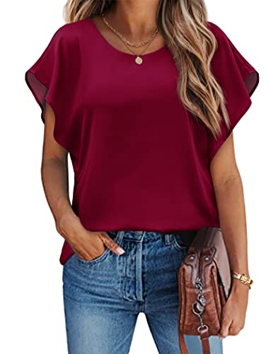 Hotouch Bluse Damen Elegant Batwing Shirts Fledermaus Rundhals Mesh Oberteil Locker Casual Leicht Tops Einfarbig T-Shirt Weinrot XXL von Hotouch