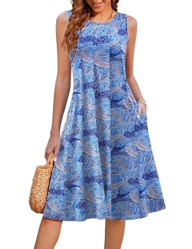 Hotouch Boho Kleid Damen Sommer Elegant Strandkleid Falten Sommerkleider Ärmelloses T-Shirt Kleid Midikleid Mit Taschen Tank Kleid Muster 166 XXL von Hotouch