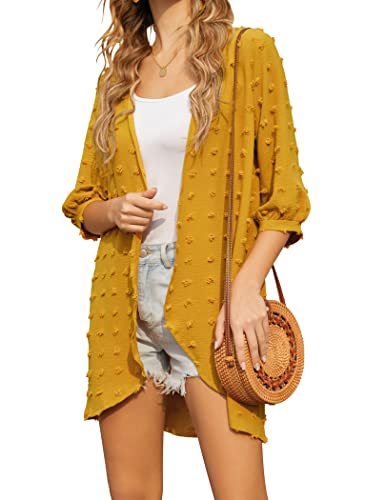 HOTOUCH Damen Badeanzug Cover Up Strandkleid Kimono 3/4 Ärmel Swiss Dot Cardigan Elegant Strickjacke Beachwear Gelb M von HOTOUCH