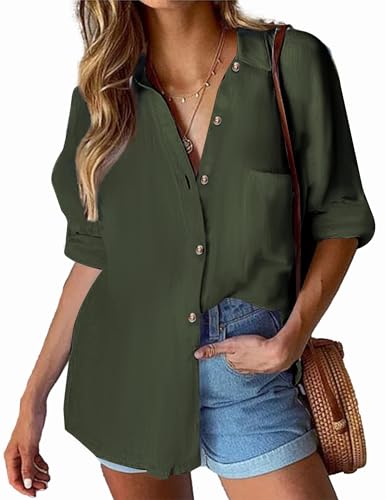 HOTOUCH Damen Bluse Baumwolle V-Ausschnitt Hemd mit Tasche Einfarbig Langarm Hemdbluse Elegant Business Tops Basic Oberteile mit Knöpfen Dunkles Armeegrün XL von HOTOUCH