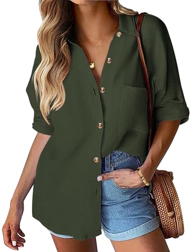 Hotouch Bluse Braun Damen Hemd Langarmshirt mit Knöpfen für Frühling Arbeit Orberteil Grün XL von Hotouch