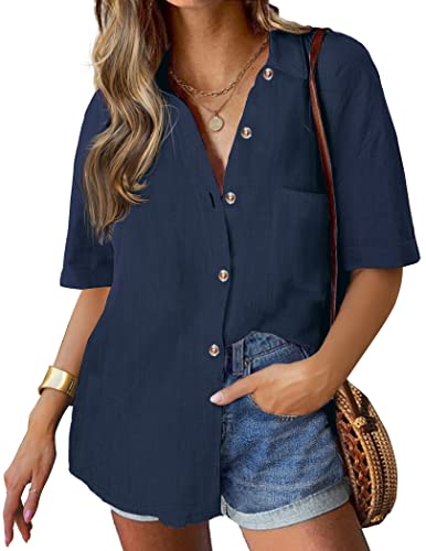 HOTOUCH Bluse Damen V-Ausschnitt Hemd Kurzarm Shirt Casual Arbeit Oberteile Lose Knöpfen Bluse Elegant Freizeithemd Business Hemd mit Tasche Navyblau M von HOTOUCH