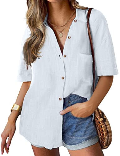 HOTOUCH Damen Bluse V-Ausschnitt Hemd Kurzarm Knöpfen Hemd Casual Arbeit Oberteile mit Tasche Lose Business Blusenshirts Elegant Freizeithemd Weiß XL von HOTOUCH