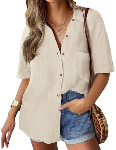 HOTOUCH Damen Bluse Elegant Hemd V-Ausschnitt Tops Casual Einfarbig Shirts Basic Office Blusen mit Knöpfen Kurzarm Arbeit Oberteile Champagnerfarbe L von HOTOUCH