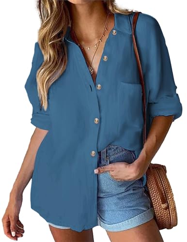 HOTOUCH Damen Bluse Elegant Freizeit Hemd Blusenshirts Lose Passform Hemdjacke mit Tasche Arbeit Oberteile Button Down Blusen für Damen Navy Blau M von HOTOUCH