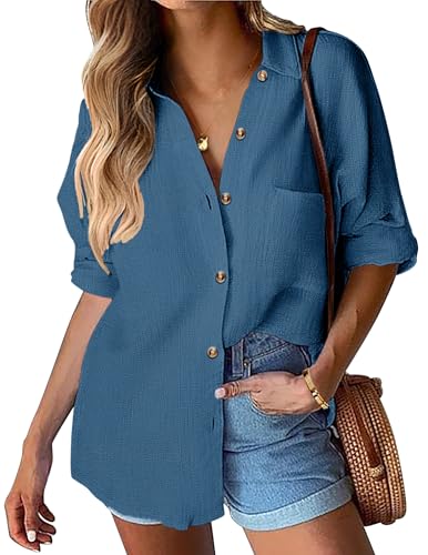 Hotouch Damen Bluse Leinen V-Ausschnitt Hemden Elegant Langarm Arbeit Oberteile mit Knöpfen Tops Lose Langarmshirt Blau M von Hotouch