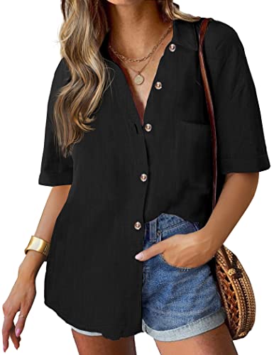 Hotouch Damen Bluse Lässiges V-Ausschnitt Hemdbluse Sommer Kurzarm Einfarbig Basic Oberteile Elegant Hemd mit Knöpfen Schwarz L von Hotouch