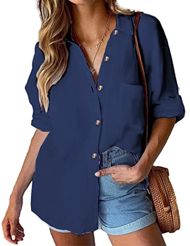 HOTOUCH Damen Bluse Langarm Hemd Freizeit mit Button Down Kragen und Knopfleiste Navy Blau XL von HOTOUCH
