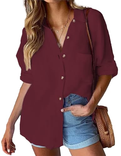 HOTOUCH Damen Bluse V-Ausschnitt Hemd Einfarbig Hemdbluse Business Tops Basic Oberteile mit Knöpfen Blusenshirts Casual Arbeit Blusen Rotwein M von HOTOUCH