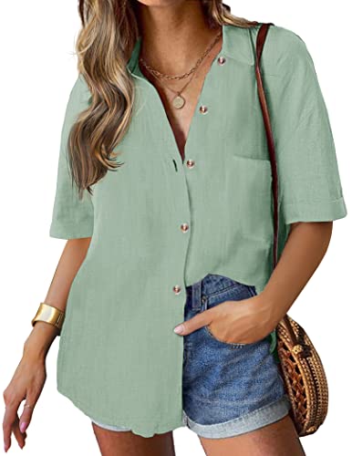 Hotouch Hemd Damen Kurzarm V-Ausschnitt Hemdbluse Elegant Einfarbig Tops Basic Oberteile mit Knöpfen Casual Arbeit Bluse für Damen Grün L von Hotouch