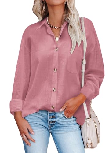 HOTOUCH Damen Bluse Weiße Langarm Hemd Freizeit mit Button Down Kragen und Knopfleiste Rosa XL von HOTOUCH