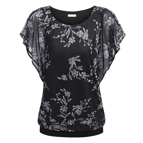 HOTOUCH Damen Chiffon Tops Lose Fledermaus Bluse Kurzarm Leichte Fließende Bluse Rundhalsausschnitt Sommer Doppellagig Tunika Top 17Blumen L von HOTOUCH