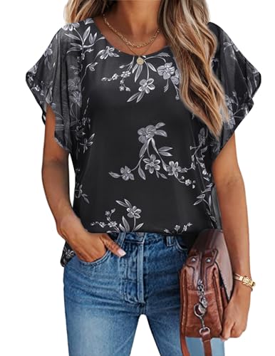 HOTOUCH Damen Chiffon Tops Lose Fledermaus Bluse Kurzarm Leichte Fließende Bluse Rundhalsausschnitt Sommer Doppellagig Tunika Top 17Blumen S von HOTOUCH