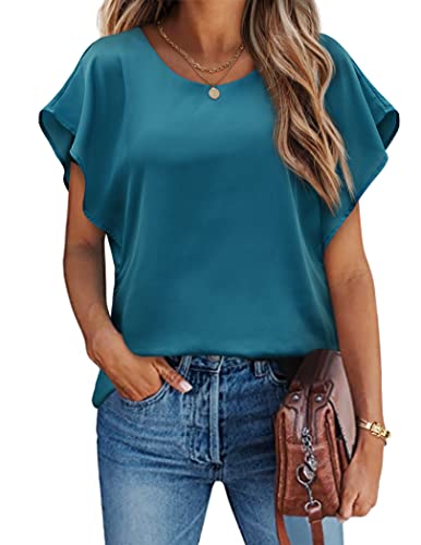 HOTOUCH Damen Chiffon Tops Lose Fledermaus Bluse Kurzarm Leichte Fließende Bluse Rundhalsausschnitt Sommer Doppellagig Tunika Top Türkisblau M von HOTOUCH