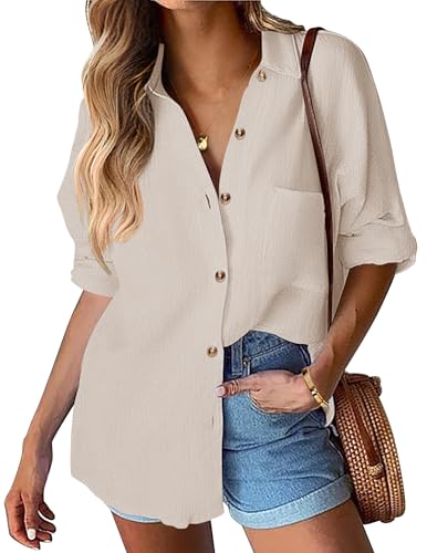 Hotouch Damen Hemd Langarm Bluse Baumwolle Hemdbluse Basic Shirt mit Knopleiste Lässig Oberteile V-Ausschnitt Blusenshirt Beige XXL von Hotouch
