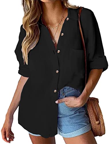 HOTOUCH Damen Hemdbluse Langarm aus Baumwolle Elegante Oberteile Casual Herbst Hemd Übergröße Schwarz XXL von HOTOUCH