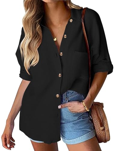 Hotouch Damen Bluse Leinen V-Ausschnitt Hemden Elegant Langarm Arbeit Oberteile mit Knöpfen Tops Lose Langarmshirt Schwarz XXL von Hotouch