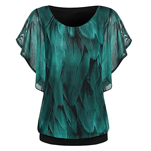 Hotouch Chiffon Bluse Kurzarm Blumen Tunika Shirt Elegant Batwing Bluse Rundhals Oberteil Loose T-Shirt Tops Grün M von Hotouch