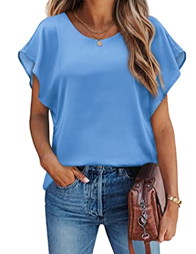 Hotouch Tunika Damen Batwing Shirt Fledermausärmel Chiffon Fließende Bluse Rundhals Oberteil Sommer T-Shirt Blau S von Hotouch