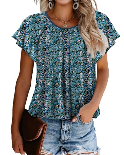 Hotouch Oberteil Damen Elegant Kurzarm Batwing Sleeve Tshirt Rundkragen Sommer Einfarbig Floral Tunika Tops Mesh Falten Top von Hotouch