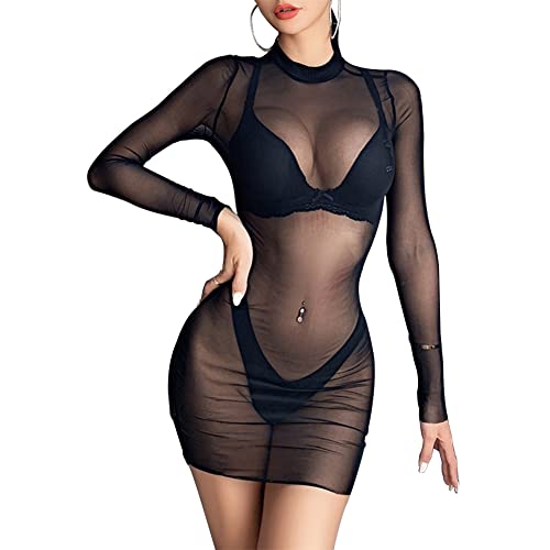 Durchsichtiges Blusenkleid Sexy für Damen Schwarz Kleid Minirock mit Langen Ärmeln Bikini Cover Up Halbtransparentes Feines Netz Rundhalsausschnitt Minikleid Netz Shirt Strandkleid Sommertop von ROSVAJFY