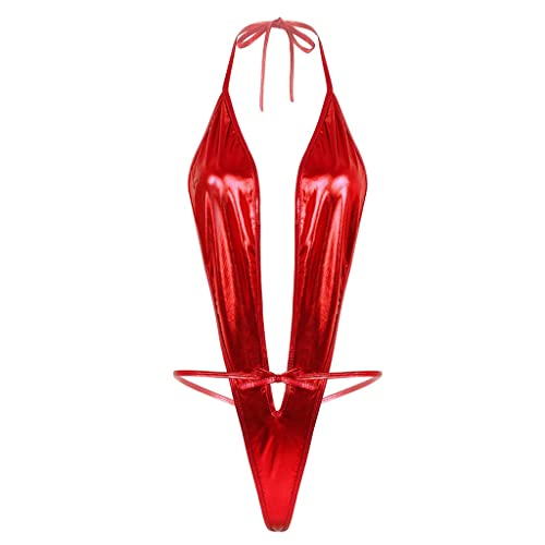 ROSVAJFY Dessous aus Leder Wetlook Damen Lingerie Kunstleder Neckholder Reizwäsche EIN Stück Backless Lederkleid Bodysuit Nighterdres Clubwear Unterwäsche S M L XL (Rot) von ROSVAJFY