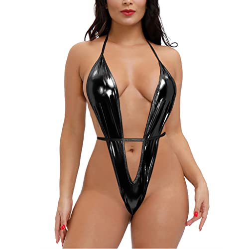 ROSVAJFY Dessous aus Leder Wetlook Damen Lingerie Kunstleder Neckholder Reizwäsche Ein Stück Backless Lederkleid Bodysuit Nighterdres Clubwear Unterwäsche S M L XL (Schwarz) von ROSVAJFY