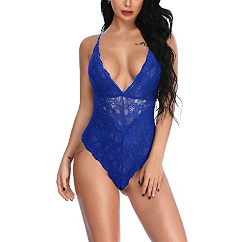 HOTSO Body Damen Sexy Spitze Reizwäsche Dessous Babydoll Bodysuit V-Ausschnitt Negligee Erotische Unterwäsche Frauen Lingerie Set Rückenfrei Spitzenbody Teddy Nachtwäsche Strapse (Blau, L) von HOTSO