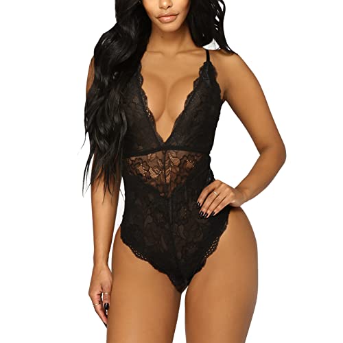 HOTSO Body Damen Sexy Spitze Reizwäsche Dessous Babydoll Bodysuit V-Ausschnitt Negligee Erotische Unterwäsche Frauen Lingerie Set Rückenfrei Spitzenbody Teddy Nachtwäsche Strapse (Schwarz, M) von HOTSO