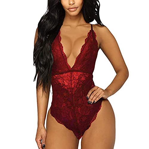 HOTSO Body Damen Sexy Spitze Reizwäsche Dessous Babydoll Bodysuit V-Ausschnitt Negligee Erotische Unterwäsche Frauen Lingerie Set Rückenfrei Spitzenbody Teddy Nachtwäsche Strapse (Weinrot, M) von HOTSO