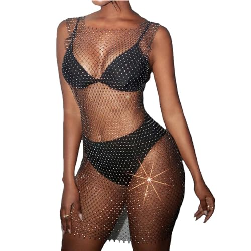 HOTSO Damen Netz Kleid Sexy Strass Mesh Durchsichtig Fischnetz Glitzer Strass Kleid Strandkleid für Club Strandurlaub Badeanzug von HOTSO