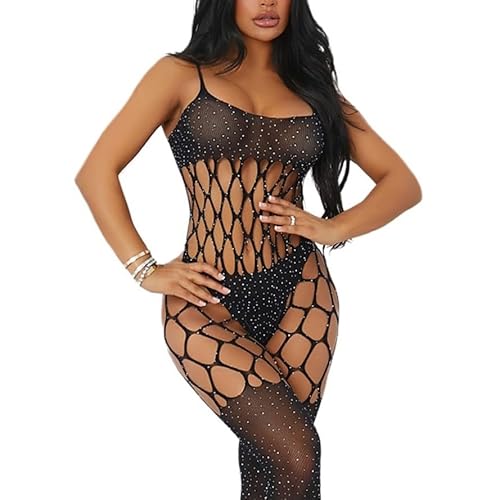 HOTSO Damen Nylon Body Ouvert Bodystocking, Frauen Strümpfe Fischnetz Kleider Unterhose Set Neckholder Netzbody Dessous Catsuit für Nachtwäsche Romantische Datum Tragen (Schwarz) von HOTSO