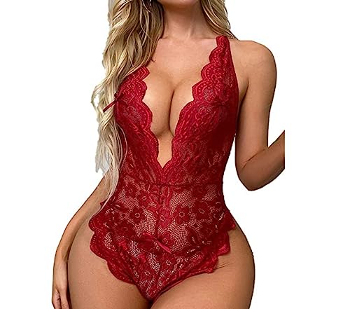 HOTSO Damen Sexy Body Dessous Spitze Reizwäsche Bodysuit Tiefer V-Ausschnitt Erotische Negligee Lingerie Babydoll Unterwäsche Sexy Outfit für Sex, S-XL von HOTSO