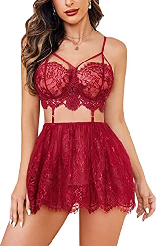 HOTSO Damen Sexy Elegant Reizwäsche Dessous, Negligee Damen Sexy Babydoll Nachtwäsche Spitze Dessous Sleepwear mit G-String S-XXL von HOTSO