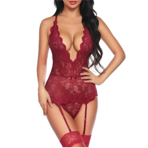 HOTSO Damen Spitze Teddy, Babydoll mit Strumpfband Tiefer V-Ausschnitt Unterwäsche Body Nachtwäsche Lingerie Durchsichtig Reizwäsche für Frau Ohne Strümpfe Hochzeitnacht (Rot, L-XL) von HOTSO