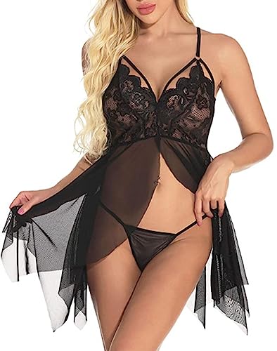 HOTSO Dessous Damen Negligee Sexy Nachthemd Spitze Babydoll Nachtwäsche Tief V Ausschnitt Lingerie mit G-String Reizwäsche Dessous Kleid S-XL von HOTSO