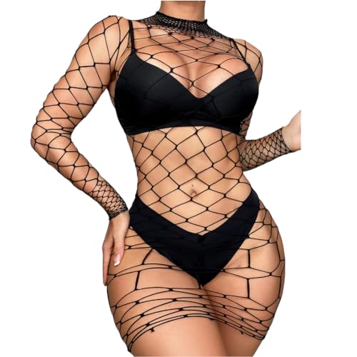 HOTSO Fischnetz Body Netz Strumpfanzug Nachtwäsche, Babydoll Negligees Trägerlose Nahtlose Bodystocking Catsuit Ouvert Women Baby Doll Minikleid (Schwarz) von HOTSO