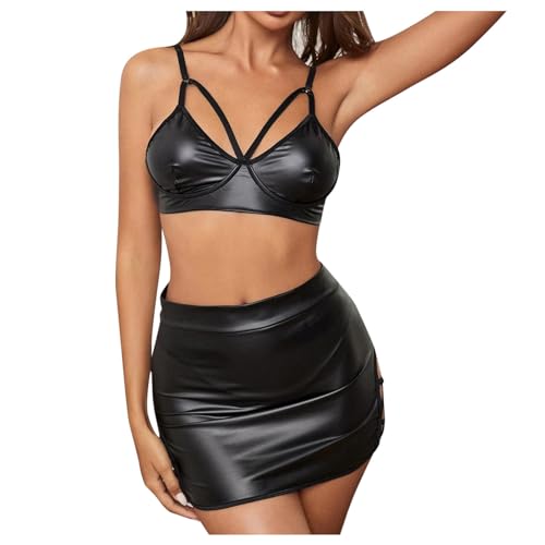 HOTSO Frau Sexy Strapsen Dessous Set, Latex Negligee Hot Leder Outfit PU Lackleder Korsettkleid Top und Rock Set Tiefes V Leotard Überkreuzte Schultergurte für Damen Paare Outfit von HOTSO