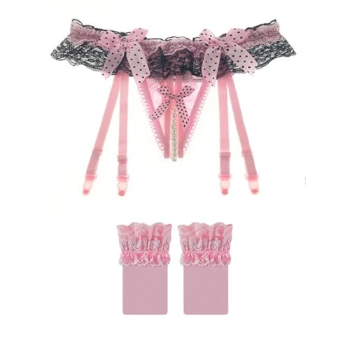 HOTSO Hosenträgern Strumpfbänder Strapshalter, Oberschenkel Strapsen Halter mit String Spitze Strumpfgürtel Verstellbare 2-TLG Strumpfbänder G-String Strümpfe Set (Rosa) von HOTSO