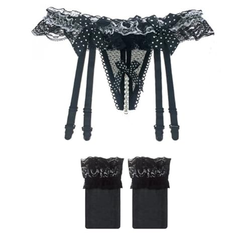 HOTSO Hosenträgern Strumpfbänder Strapshalter, Oberschenkel Strapsen Halter mit String Spitze Strumpfgürtel Verstellbare 2-TLG Strumpfbänder G-String Strümpfe Set (Schwarz) von HOTSO