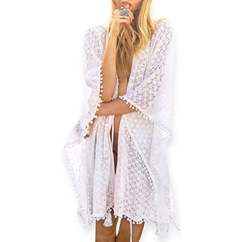 HOTSO Kimono Cardigan Strandkleid Damen Strand Sommer Boho Strickjacke Bikini Cover Up Sexy Badeanzug Häkeljacke Beachwear Outfits mit Quasten Strandurlaub von HOTSO