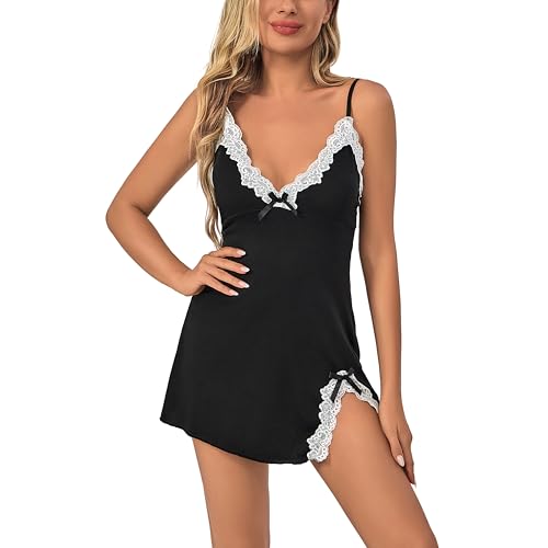 HOTSO Nachthemd Damen Sexy Negligee Nachtwäsche Spitzen Reizwäsche Nachtkleid Babydoll Dessous V-Ausschnitt Satin Lingerie Unterkleid Spaghettiträger Große Größe (L) von HOTSO