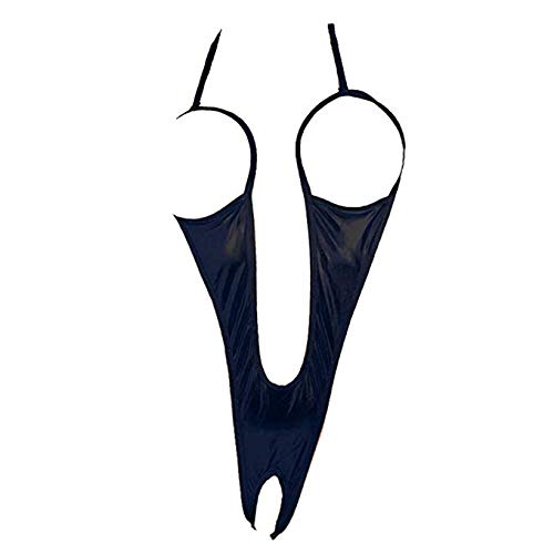 HOTSO Oen Ouvert Tieer V-Ausschnitt Reizwäsche, Neckholder Stringbody High Cut Bikini Rückenfrei Stringbody Overall Schwimmanzug Babydoll Wetlook Teddy PU Lackleder für Damen Valentinstag (Schwarz) von HOTSO